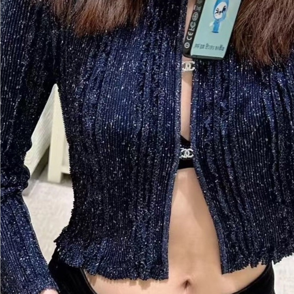 CHANEL Navy Sparkle Cropped Knit Cardigan